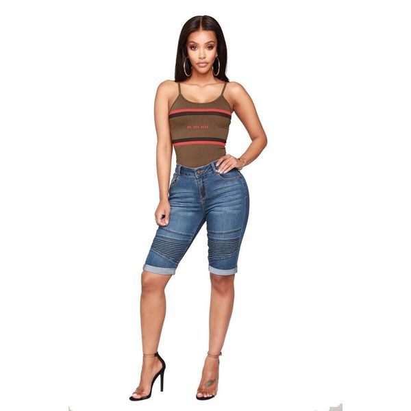 

summer skinny jeans women middle rise elastic denim shorts female summer knee length curvy stretch short jeans pants 2019 ad, Blue