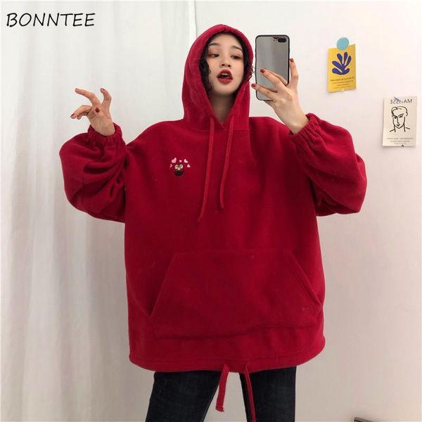 

hoodies women retro hooded solid cartoon embroidered thicker plus velvet loose pocket womens hoodie leisure trendy chic students, Black