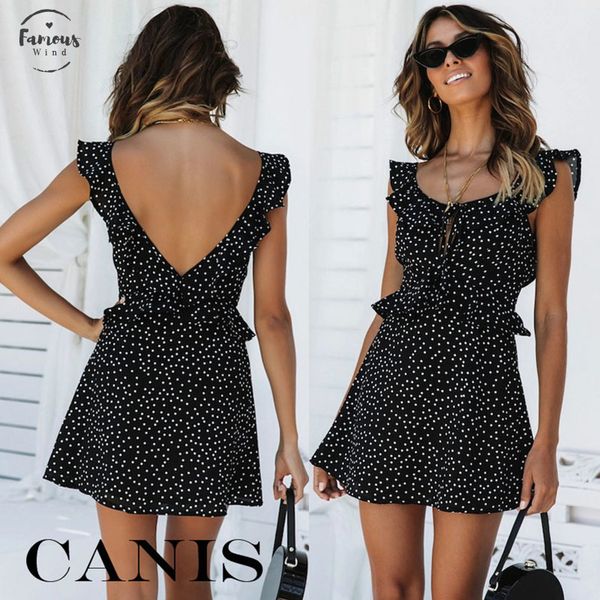 

2019 fashion lovely women sleeveless wrap boho polka dot loose causal butterfly sleeve mini dress summer sundress holiday, Black;gray