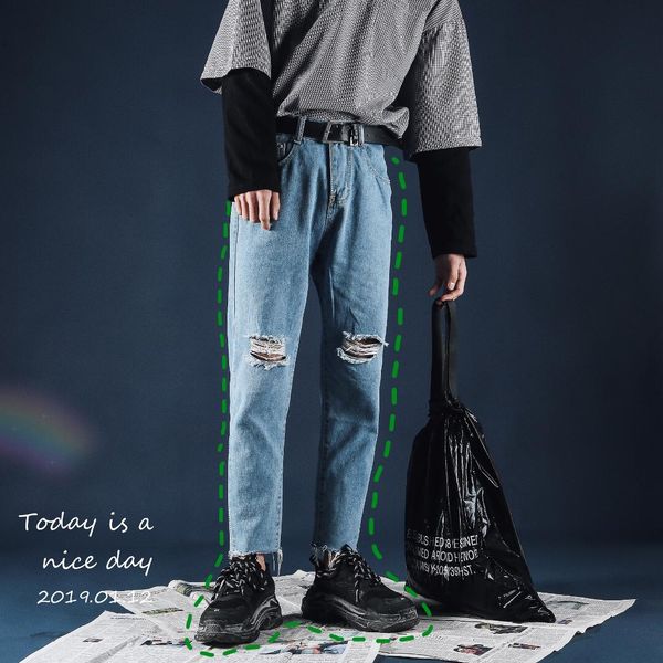 

spring new nine-point trousers with broken holes, men's korean version of loose trend of young handsome jeans, handsome, Blue