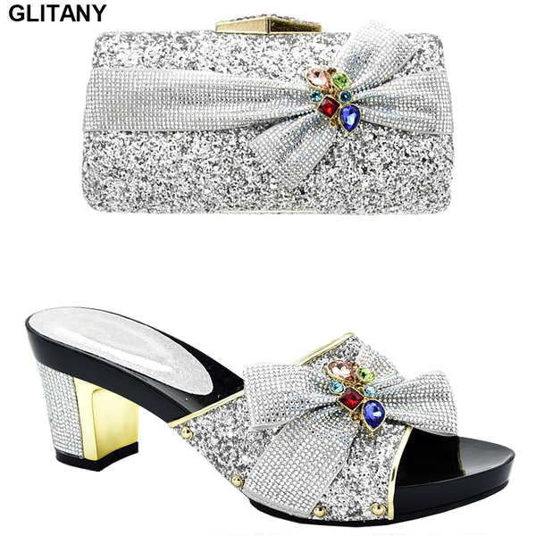 

new arrival rhinestone shoe and bag set for party in women luxury women shoes nigerian party shoes with bag set high heels, Black