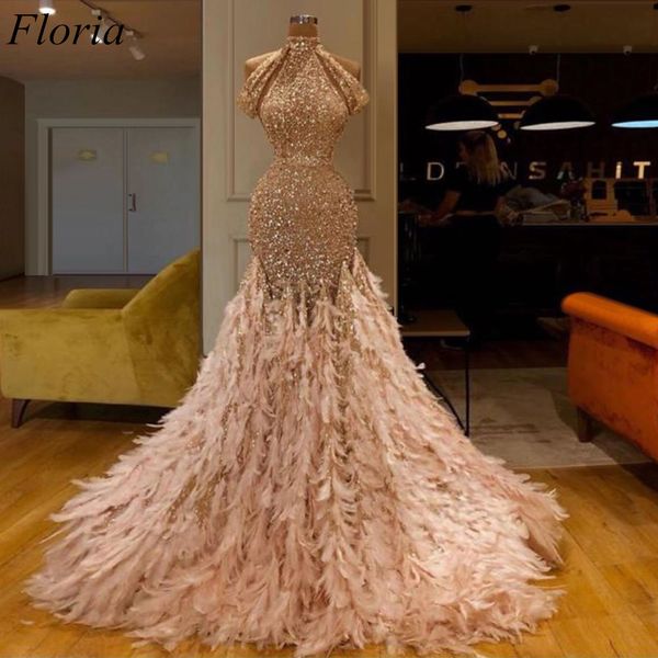 

new arrival champagne middle east prom dress 2019 feathers glitter mermaid evening dress arabic vestidos de fiesta de noche, White;black