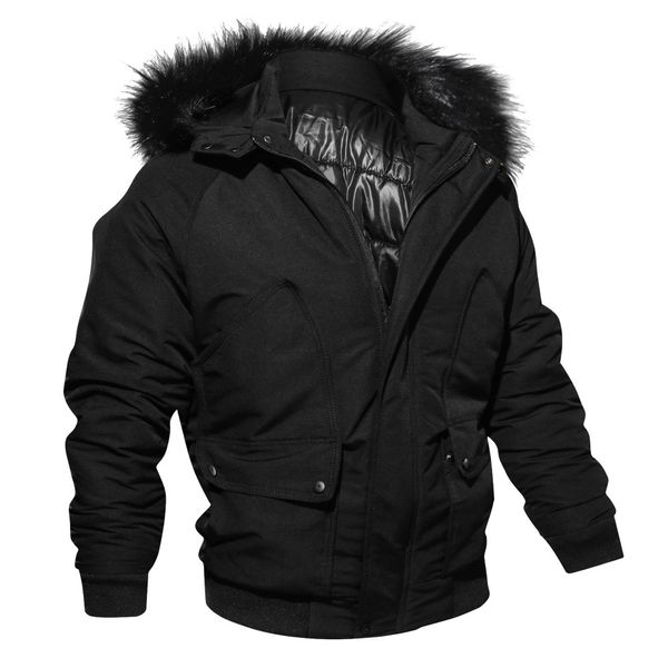 

vogue men's autumn winter casual long sleeve solid fur hooded cotton jacket blouse man warm winter parkas male, Black