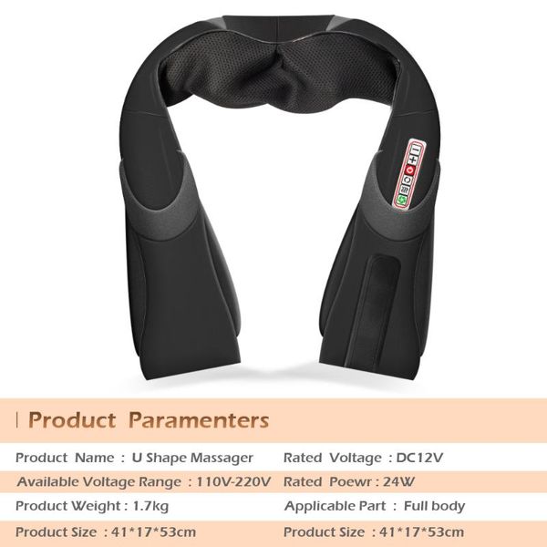

home car u shape electrical shiatsu back neck shoulder body massager infrared heated kneading car/home massagem