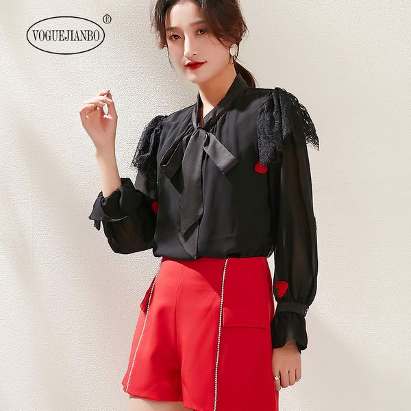 

2020 весной новый женский корейский шею лук рубашку кружева рябить рукав длинный рукав клубника печати шифон рубашка блузка вадим, White