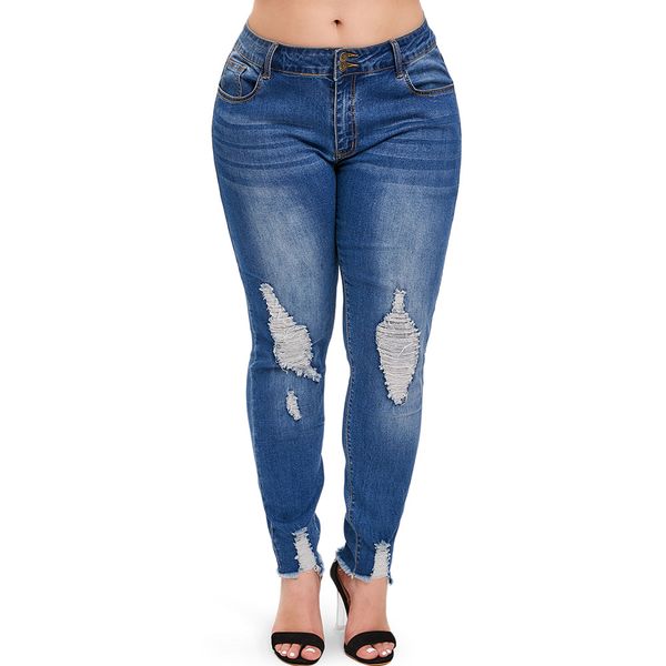 

rosegal plus size ripped frayed hem women pants jeans 2019 spring casual cotton jogger pants big size bottoms ladies trousers, Blue