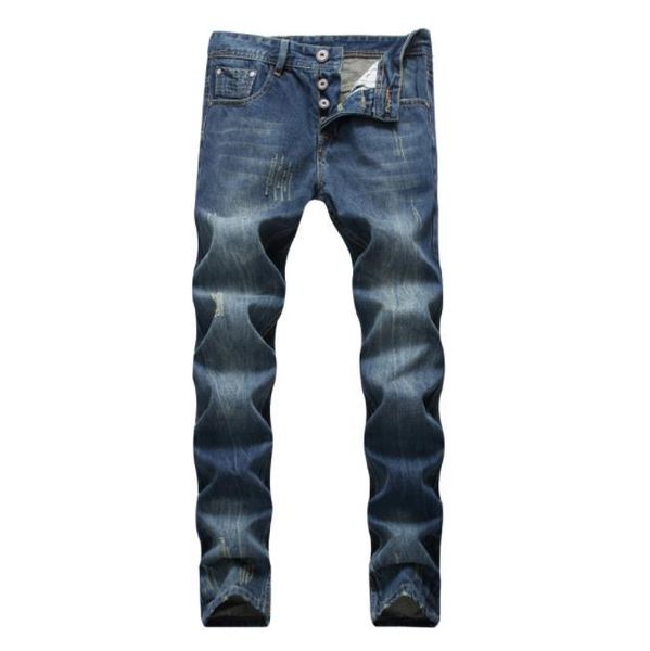 

mens jeans blue straight stretch casual denim trousers american style button decoration mens fashion jeans