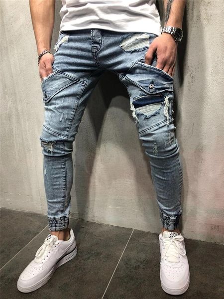 

mens designer jeans fashion stretch blue denim mens pencil pants casual male long trousers holes pockets
