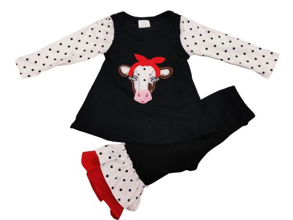 

children girl clothes set farm cow embroidery print long sleeve fall outfits, White