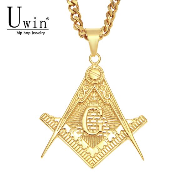 

uwin stainless steel ason masonic pyramid pendant mens hip hop jewelry golden rock pendant necklace cuban chain, Silver