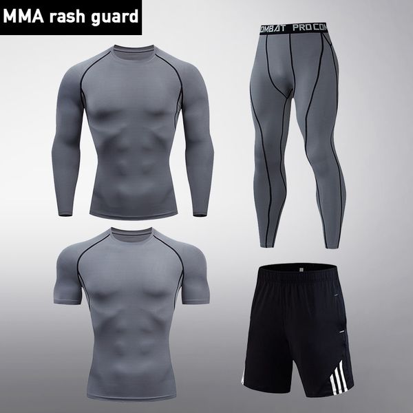 

brand men tracksuit running clothes compression tights tactical training kit gym workout muscle shirt fitness leggings set, Black;blue
