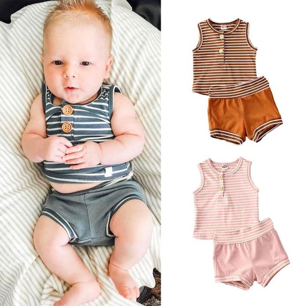 

clothing sets summer infant baby girl boy clothes sleeveless striped button vest shorts 2pcs casual outfit, White