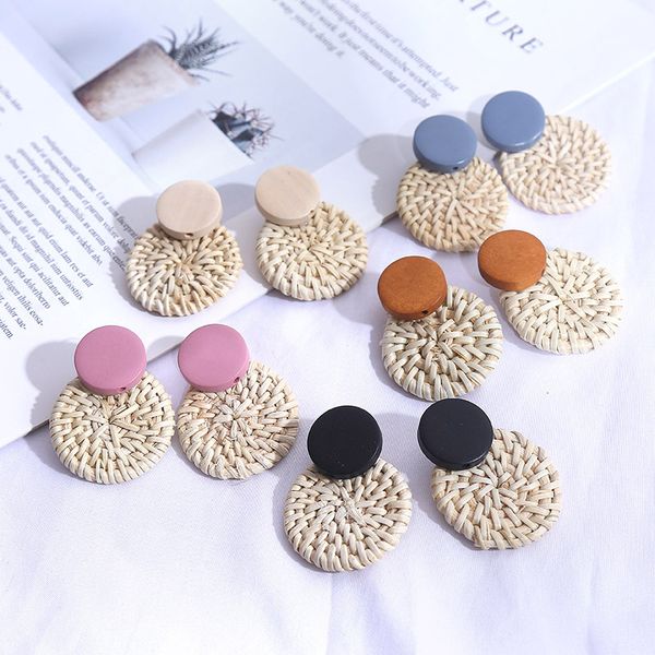 

vintage boho colorful acrylic resin round shape earrings trendy handmade rattan knit statement stud earrings for women girl, Golden;silver