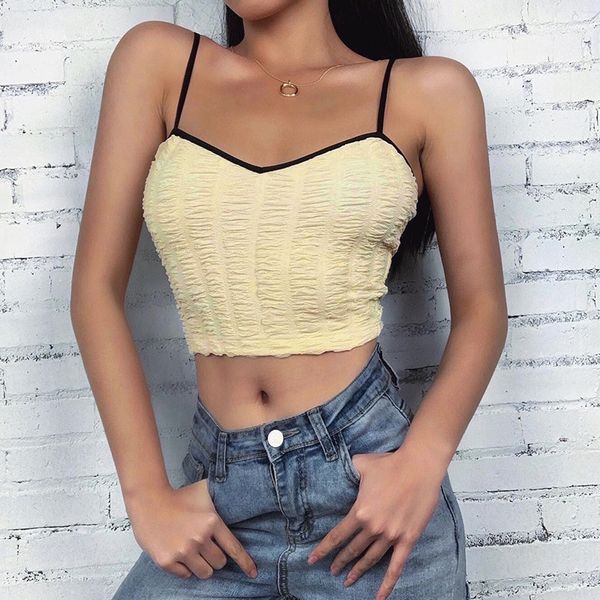 

sleeveless spaghetti strap v neck camisole crop women summer 2020 streetwear apricot ruched cami tanktop, White