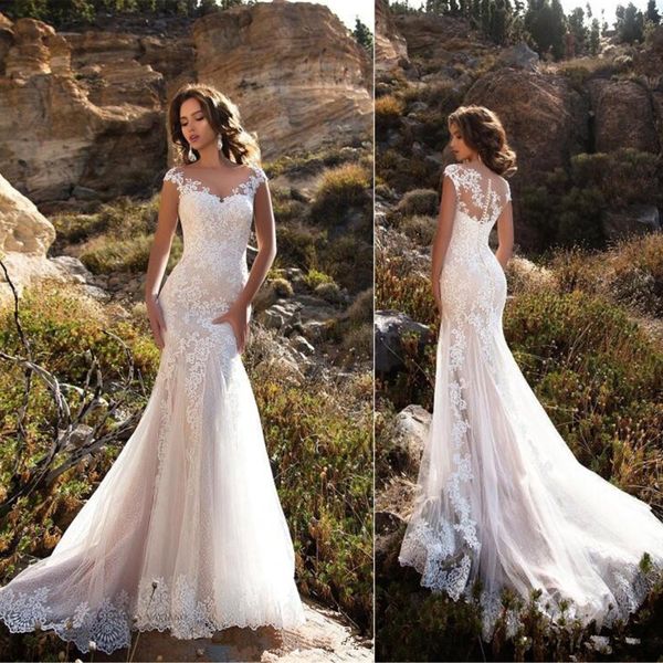 

Whit Gowns e Lace Appliques Wedding Dresses Mermaid Trumpet Illusion Sweetheart Bridal Sweep Train Button vestido de novia, White