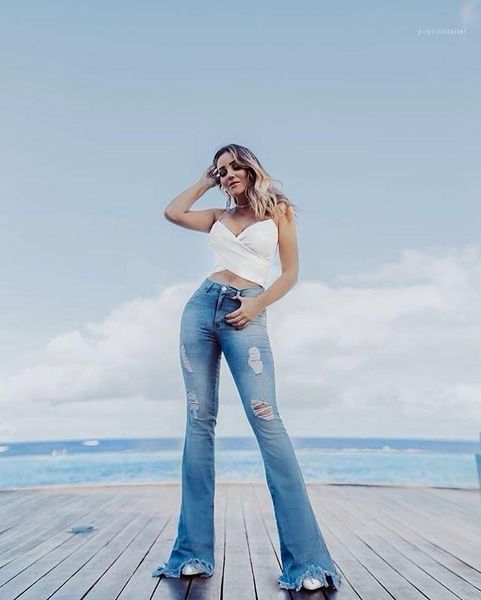 

ripped bleached jeans ladies elastic waist long pants new fashion designer women flare jeans summer high waist light blue skinny