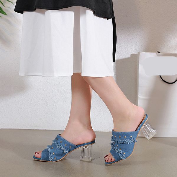 

glitter slides denim women's shoes low slippers summer fashion square heel rivet pantofle med jelly block 2020 soft hoof, Black