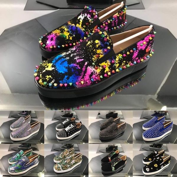

us 5-13 designer platform red bottoms shoe low cut suede spike luxury sneakers men women shoes red bottom wedding crystal leather chaussures, Black