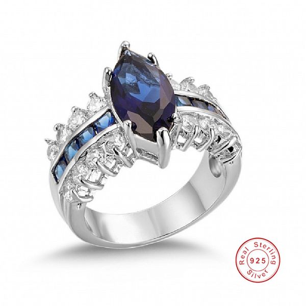 

big 3 style luxury marquise cut 4 carat blue sapphire wedding ring for women men have s925 logo real 925 silver rings, Slivery;golden