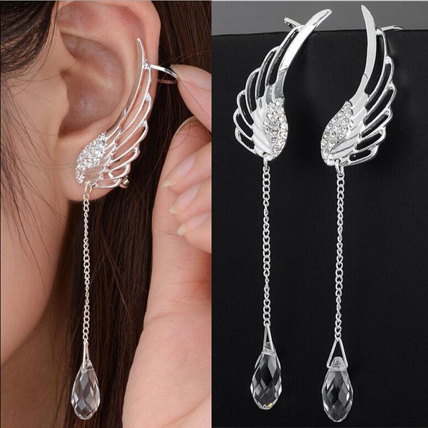 

angel wing stylist crystal earrings drop dangle ear stud for women long cuff earring, Silver
