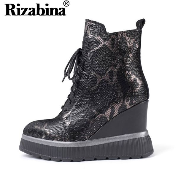 

rizabina fashion women ankle boots real leather zipper cross strap wedges shoes autumn winter warm mujer shoes size 34-42, Black