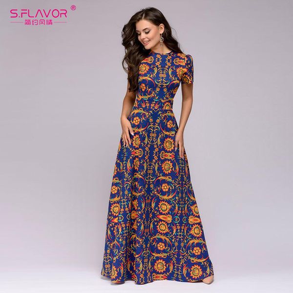 

S.FLAVOR Summer Dress New Fashion Printing O-Neck short sleeve Vestidos Women Elegant Long Dresses Bohemian vestidos de fiesta