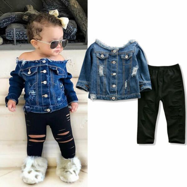 

infant baby girl clothes sets 1-6y denim off shoulder + shredded skinny pants autumn clothes sets, White