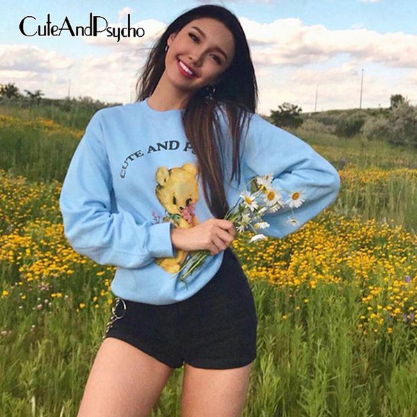 

bear letter print sweatshirts women plus size long casual loose pullover korean sweatshirt harajuku baggy blue cuteandpsycho, Black