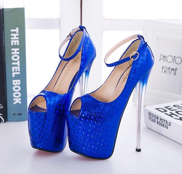 

19cm super platform ultra high heels peep toe pumps women party club wear fuchsia blue gold big size 34 to 40 41 42 43 cs05, Black