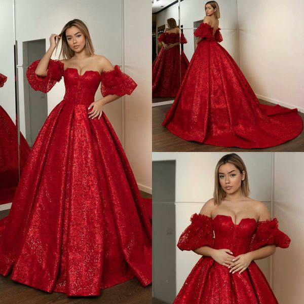 

2019 gorgeous ball gown prom dresses sweetheart short sleeves sweep train sequined evening dress party wear custom made formal gowns, Black;red