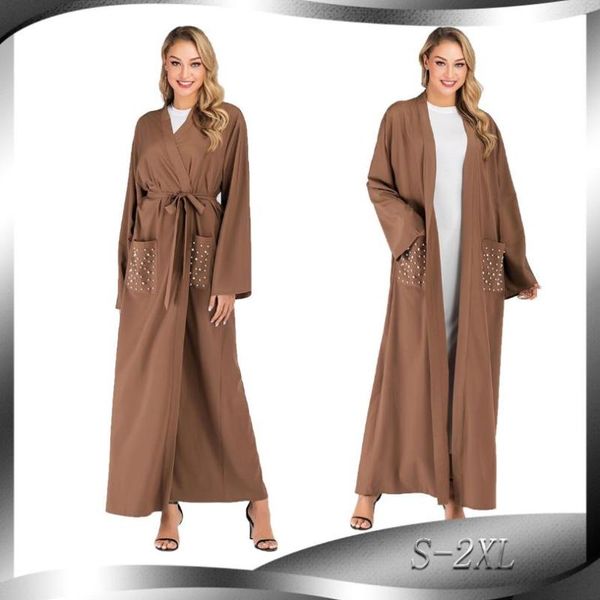 

ethnic clothing plus size fashion diamond beading pocket abaya for muslim female full length prayer islamic cardigan dress with belt f, Red
