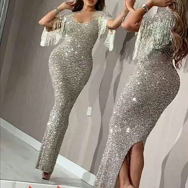 

saudi arabia silver sequins mermaid prom dresses black split with tassel floor length formal evening dresses, White;black