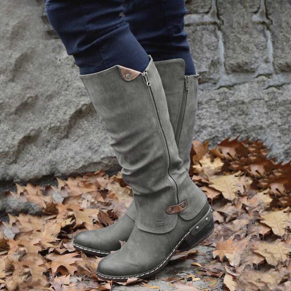 

rome style women's retro riding boots winter mid tube western leather boot lady fashion low heel rivet shoes cowboy knight botas, Black