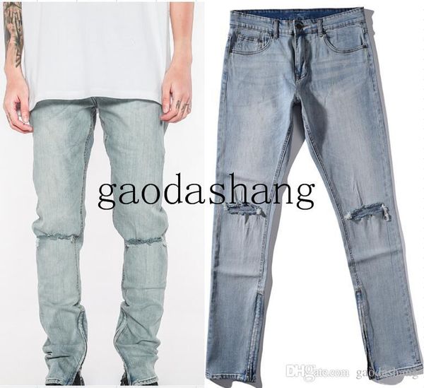 

new fashion kanye west biker knee ripped destroyed bottom side zipper men jeans hip hop casual hole jeans size 30-38, Blue