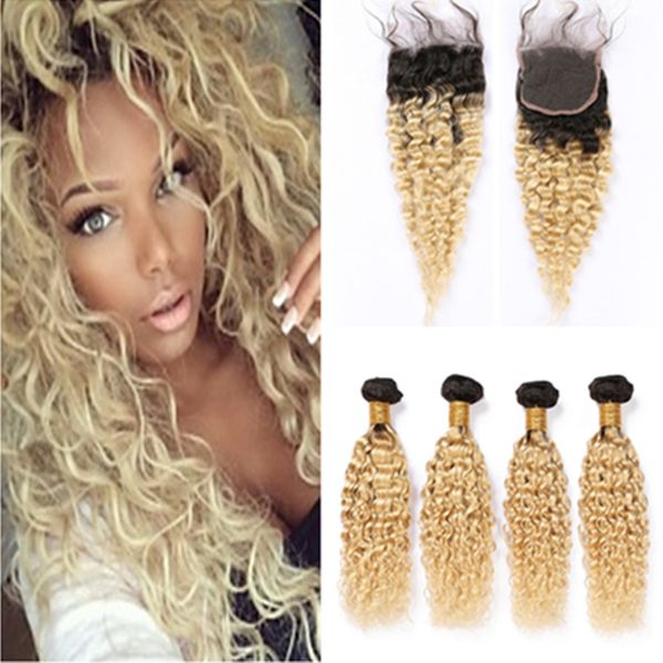 4Bundles Cabelo Louro Ombre peruana Weaves Wet ondulado Humana e Encerramento # 1B 613 escuro raiz do cabelo da onda de água Virgin Lace Encerramento com Pacotes