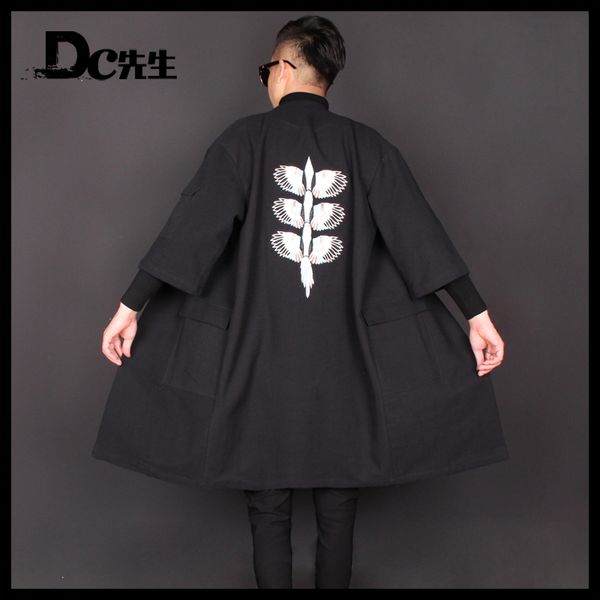 

xxl spring new men's long ramie embroidery windbreaker men's hair stylist without buckle cardigan linen cloak coat, Tan;black