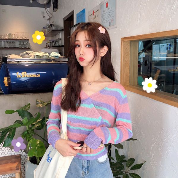 

sun protection clothing pullovers v-neck long sleeve thin knitted sweater casual striped crop fashion brand camisetas mujer, White;black