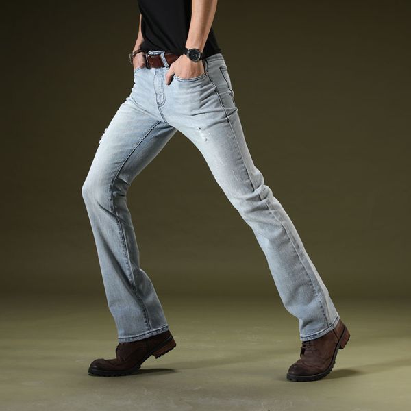 

mens business casual slim fit flared jeans long pants mid waist flare bottom jeans for men boot cut stretch homme blue