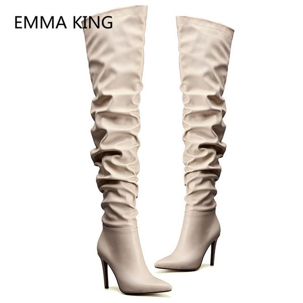 

2019 new women spring over the knee boots pointed toe high heels ladies autumn pleated shoes woman runway thigh high boots, Black