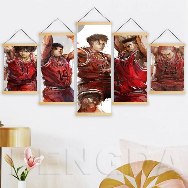 

home decoration print canvas 5 panel animation slamdunk picture wall artwork modern wooden scroll hanging painting for boy room