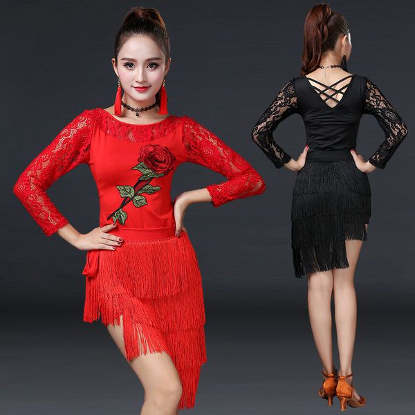 

new embroidered flower latin dance dress set women lace hollow tassel latin dress female stage performance costume, Black;red