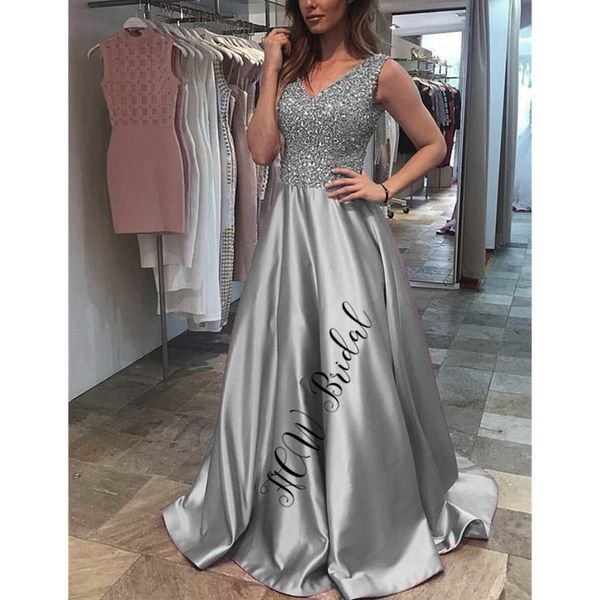 

luxury sliver beads arabic evening dress a line v neck floor length long prom gowns 2019 custom made formal women occasion dress, White;black