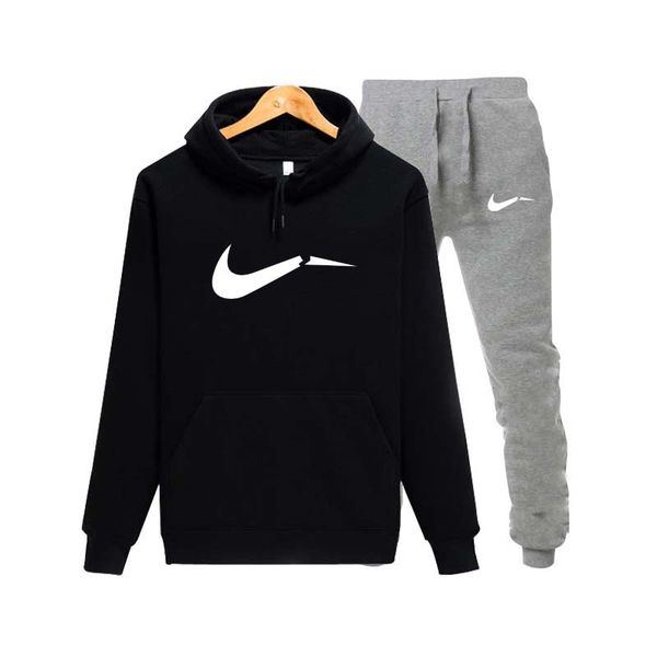

2019 sportswear men's brand printed sportswear suit tether stitching pants + hoodie sports suit black gray pink chandal hombre