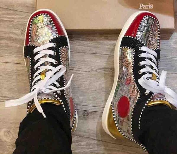 

super men sneakers sporty-luxe brand red sole spiked shoes patent leather with sequin graffiti red bottom high studs rhinestone strass, Black