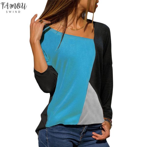 

2020 long sleeve long t shirt women casual loose tee shirt femme patchwork v neck female t shirts office blusas, White