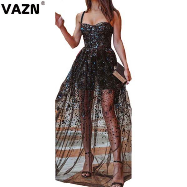 

vazn sn4642 new heavy industry sequined sexy party upmarket стиль solid спагетти ремень высокой талия женщина бальное платье макси платье, Black;pink