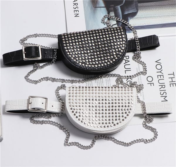 

2019 full rivet semicircle waist bags women removable pu leather waist belt bag coin money pack ladies chain shoulder saddle bag
