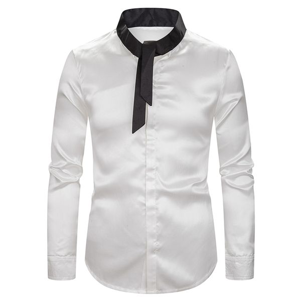 

heflashor new men'luxury with tied dress shirts long sleeve silk satin shiny men chemise stage dance shirts, White;black