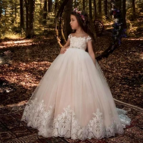 Prinzessin rückenfreie Spitze Ballkleid Blumenmädchenkleider Champagner Applikation Kinder Festzug Kleider kleine Mädchen Geburtstag Party Dresses252b