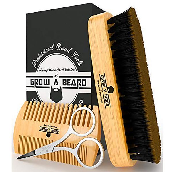 MOQ 100 Stück Amazon's Choice Bartbürste Haarkamm Individuelles Logo Bartpflegesets aus Holz mit Fellschere in bedruckter Geschenkbox Doe Men